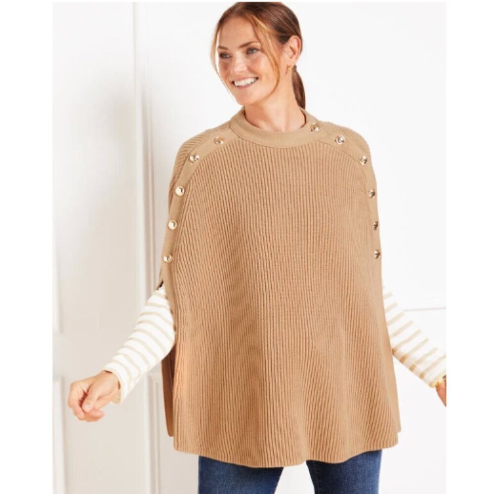 Talbots Button Poncho Cape Sweater, Toasted Coconut